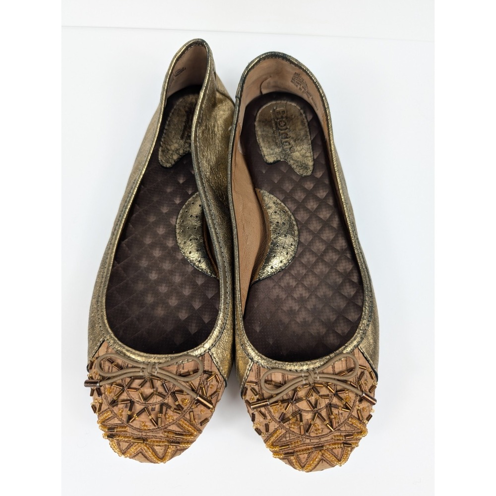 Born Gold Metallic Leather Beaded Ballet‎ Flats Round Toe Women's USA 8M